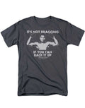 Muhammad Ali flexing graphic on a charcoal grey adult t-shirt.