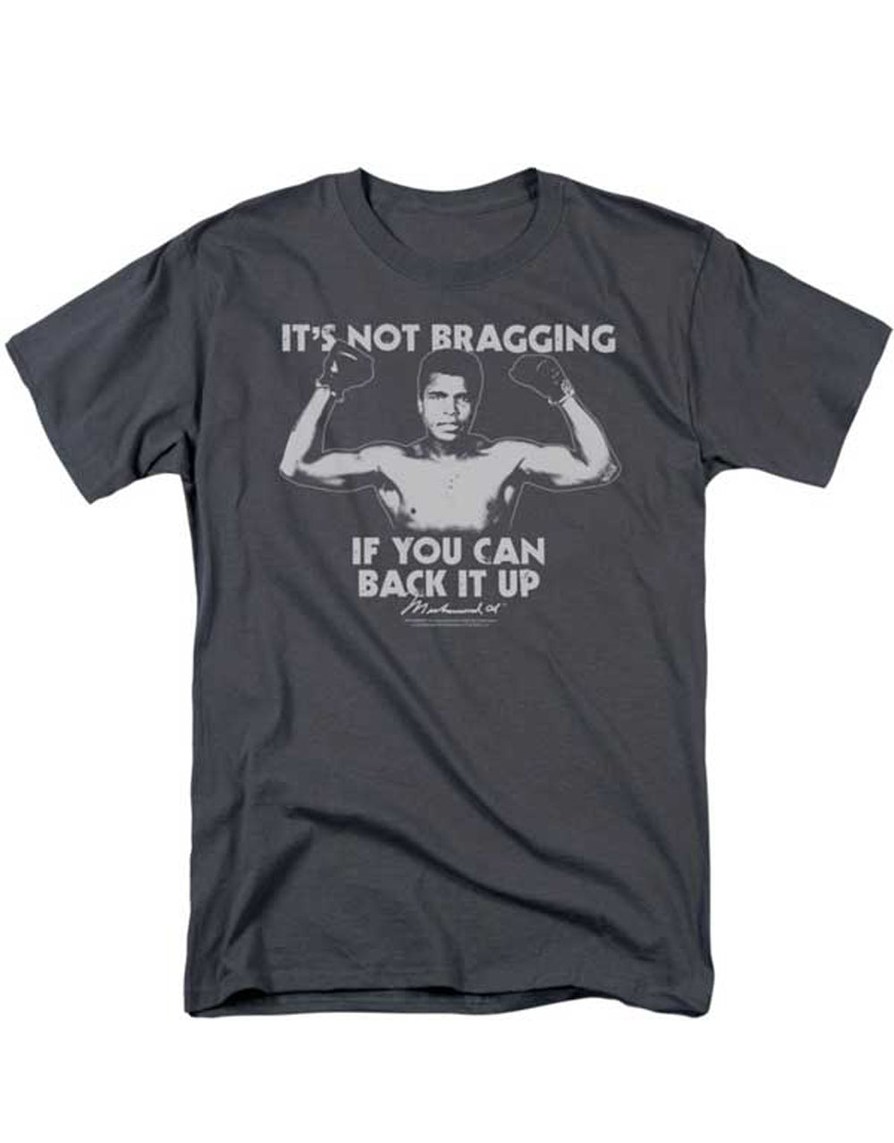 Muhammad Ali flexing graphic on a charcoal grey adult t-shirt.