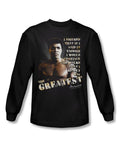 Muhammad Ali convince the world graphic on a black adult long sleeve top.