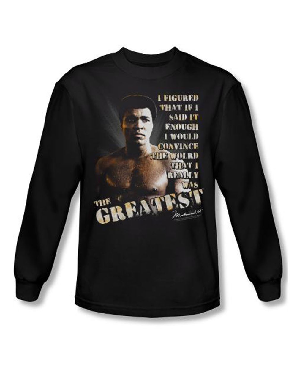 Muhammad Ali convince the world graphic on a black adult long sleeve top.