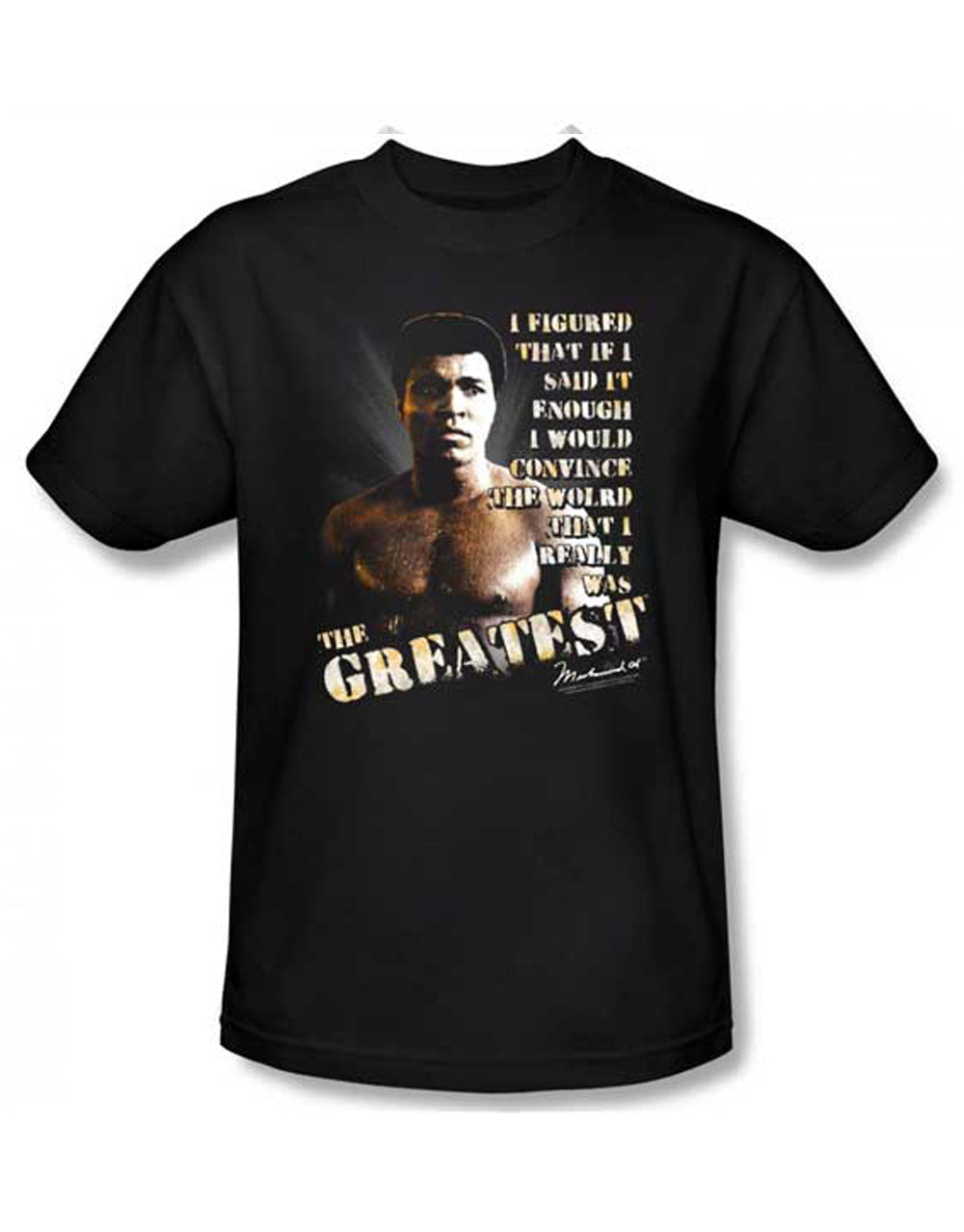 Muhammad Ali convince the world graphic on a black adult t-shirt.
