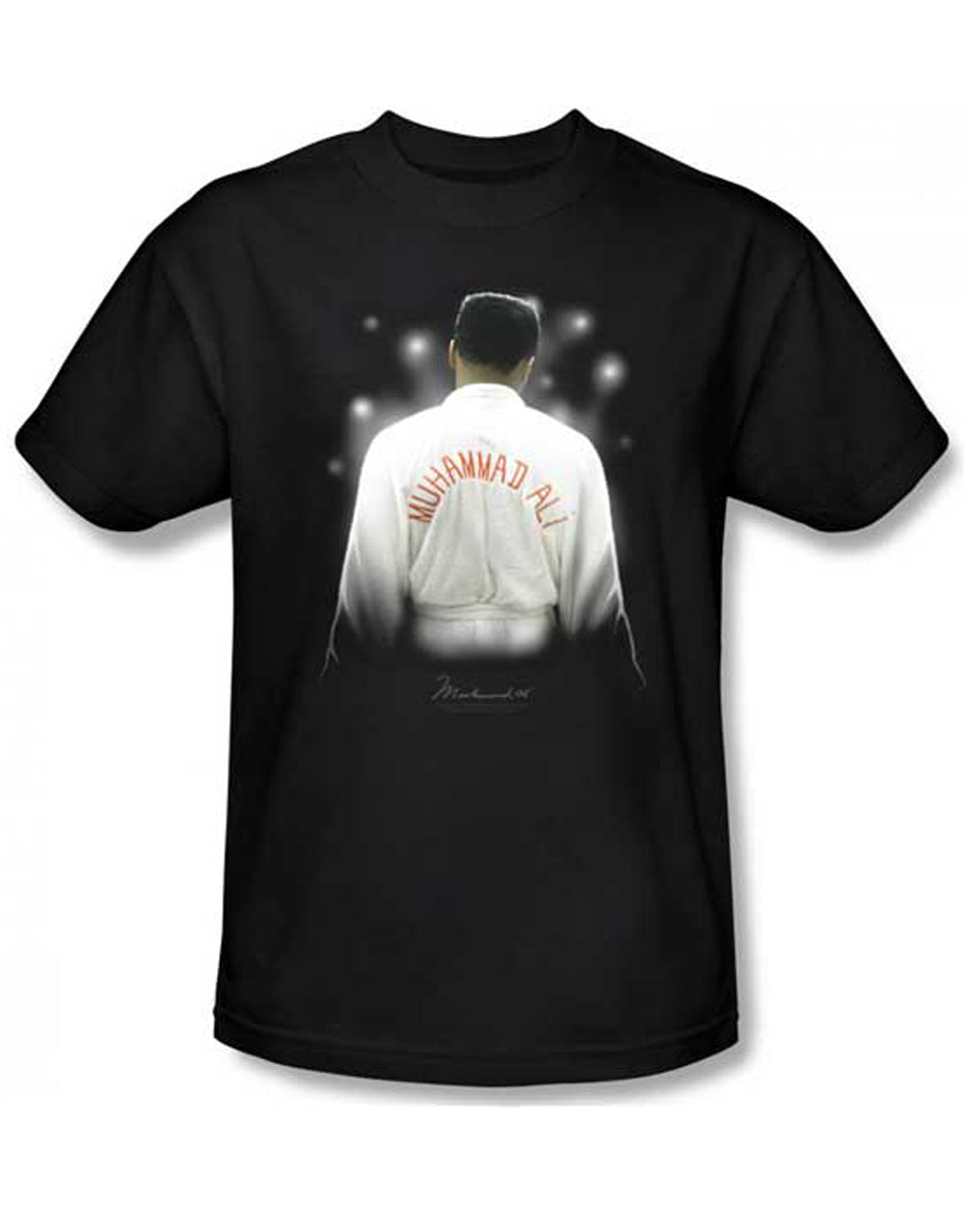 Muhammad Ali facing the world graphic on a black adult t-shirt.