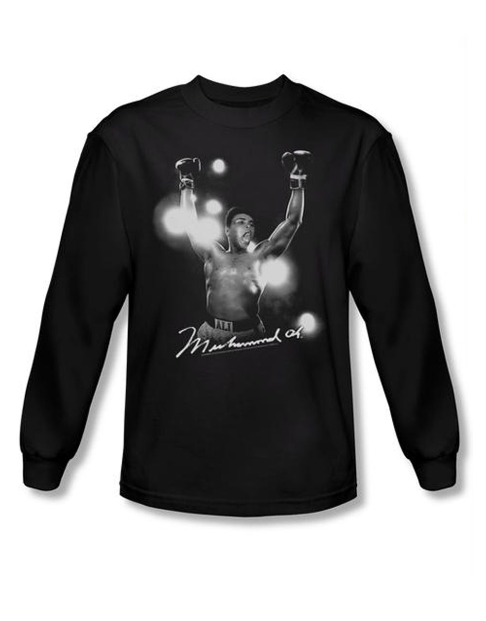 Muhammad Ali always a champion graphic on a black adult long sleeve top.