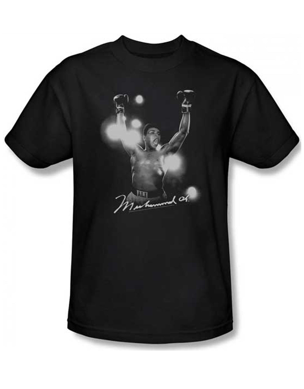 Muhammad Ali always champion graphic on a black adult t-shirt.