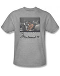 Muhammad Ali vintage photo graphic on a heathered athletic grey adult t-shirt.