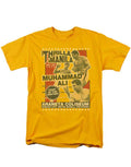 Muhammad Ali thrilla graphic on a gold adult t-shirt.