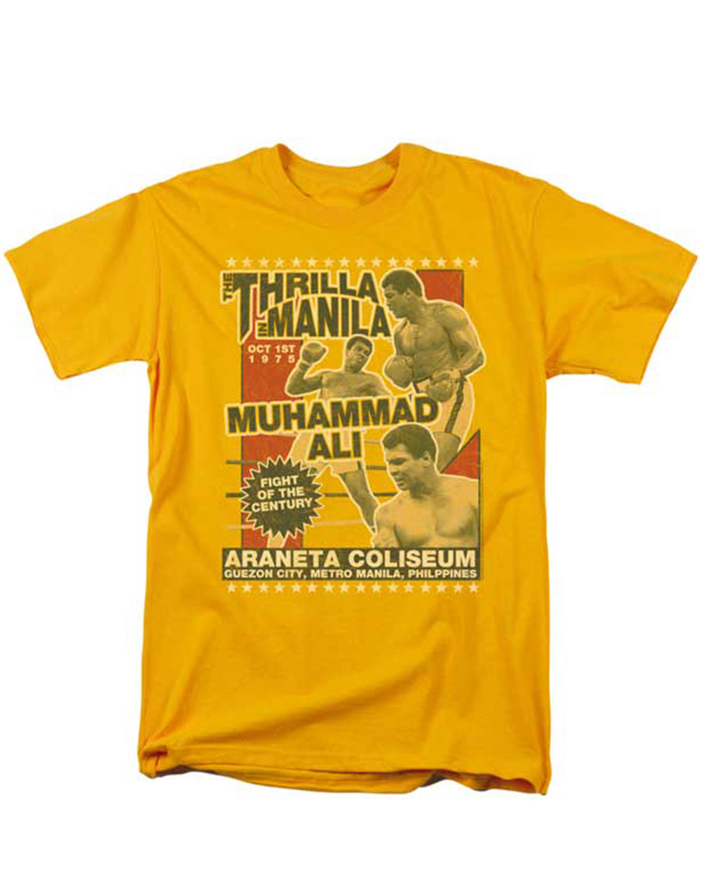 Muhammad Ali thrilla graphic on a gold adult t-shirt.