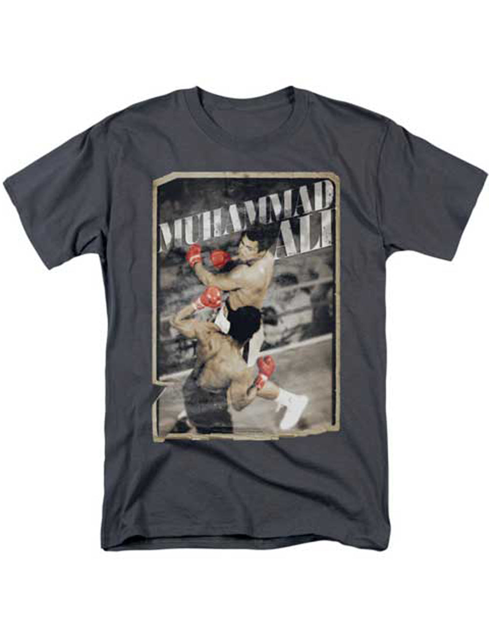 Muhammad Ali show graphic on a charcoal grey adult t-shirt.