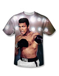Muhammad Ali hit the lights graphic on a white adult t-shirt.