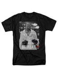 Muhammad Ali can't be beat graphic on a black adult t-shirt.