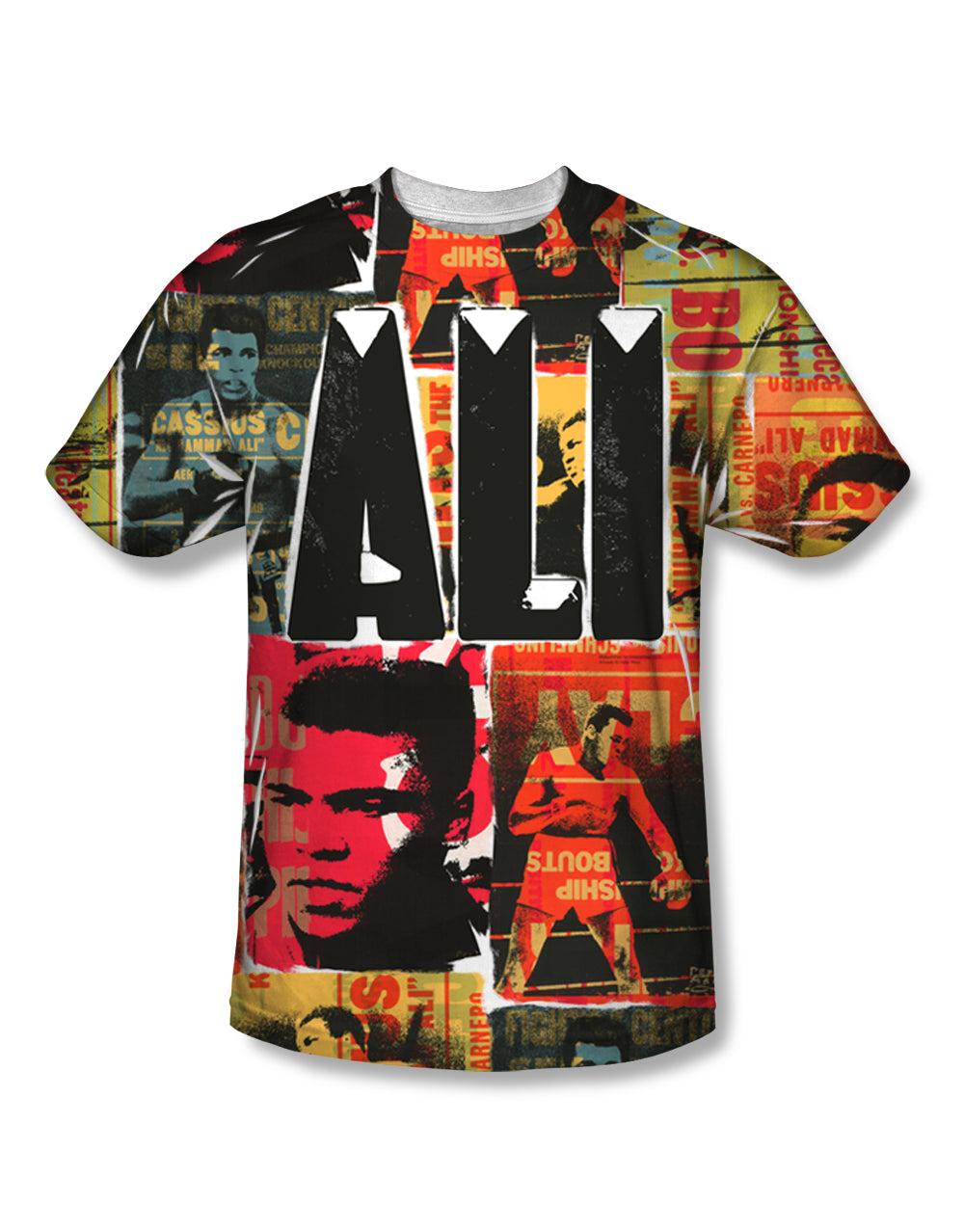 Muhammad Ali solid poster graphic on a white adult t-shirt.