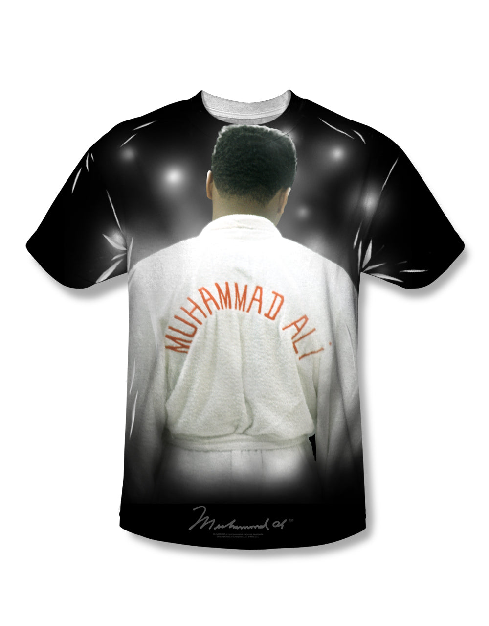 Muhammad Ali facing the world graphic on a white adult t-shirt.