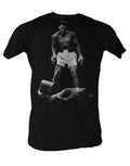 Muhammad Ali over Liston graphic on a black adult t-shirt.