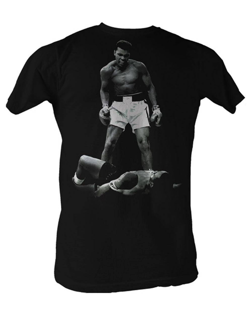 Muhammad Ali over Liston graphic on a black adult t-shirt.