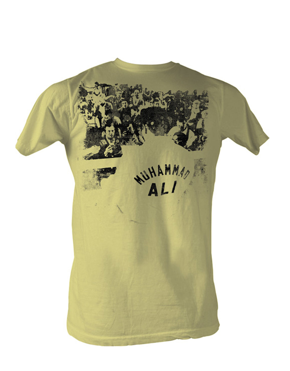 Muhammad Ali ringside graphic on a yellow adult t-shirt.