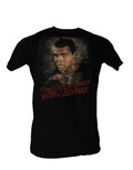 Muhammad Ali sting like a bee graphic on a black adult t-shirt.