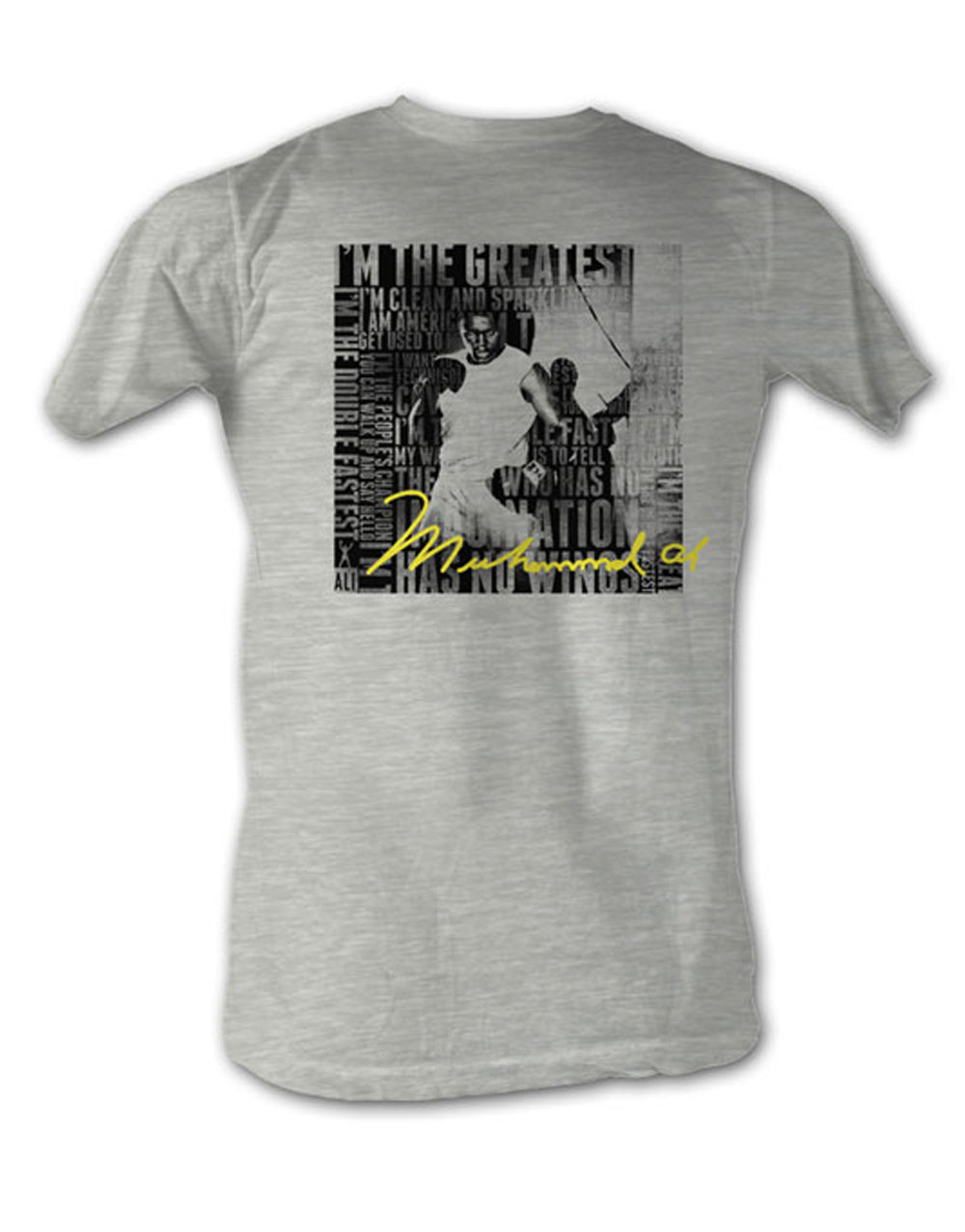 Muhammad Ali sign graphic on a heathered grey adult t-shirt.