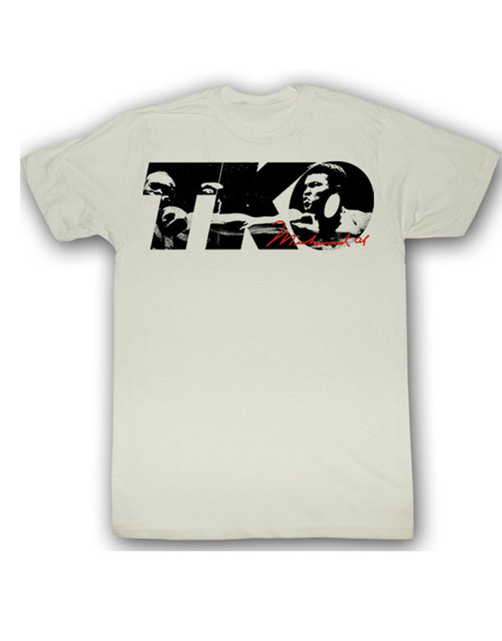 Muhammad Ali technical knock out graphic on a white adult t-shirt.