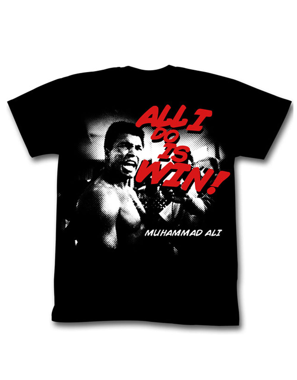 Muhammad Ali win graphic on a black adult t-shirt.