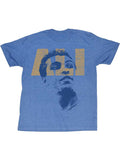 Muhammad Ali style graphic on a heathered light blue adult t-shirt.