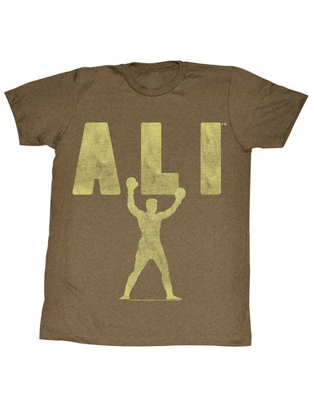 Muhammad Ali victory graphic on a heathered mocha brown adult t-shirt.
