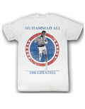 Muhammad Ali cross the line graphic on a white adult t-shirt.