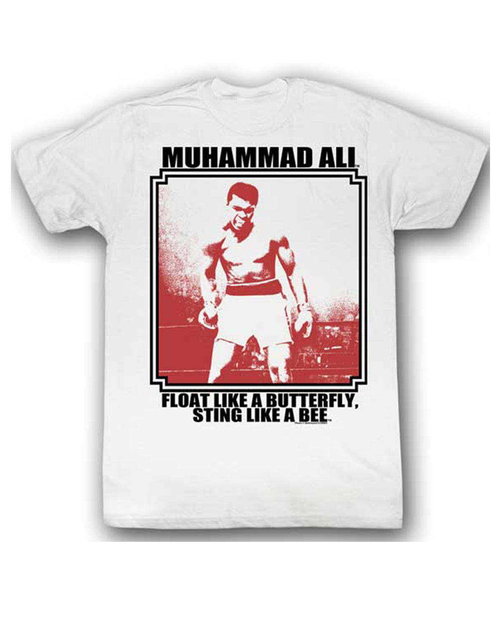 Muhammad Ali butterfly graphic on a white adult t-shirt.