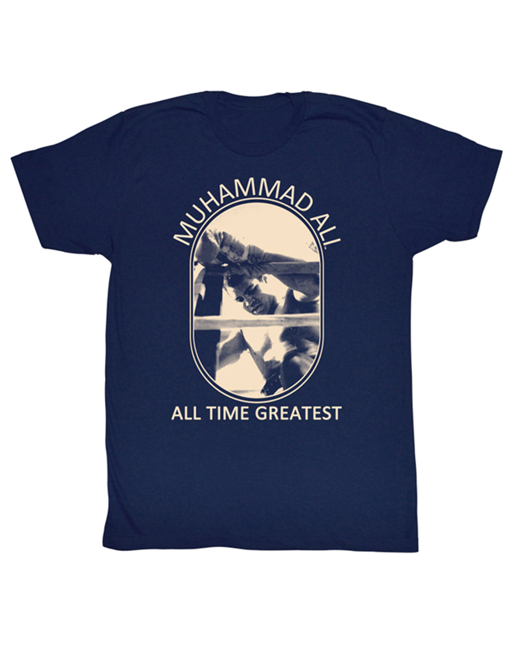 Muhammad Ali picture perfect graphic on a navy blue adult t-shirt.