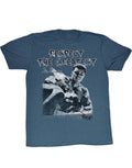 Muhammad Ali respect the great graphic on a heathered navy blue adult t-shirt.