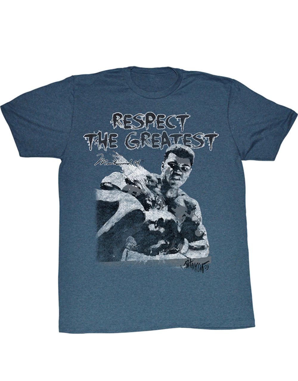 Muhammad Ali respect the great graphic on a heathered navy blue adult t-shirt.