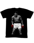 Muhammad Ali again graphic on a black adult t-shirt.