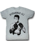 Muhammad Ali said graphic on a heathered grey adult t-shirt.