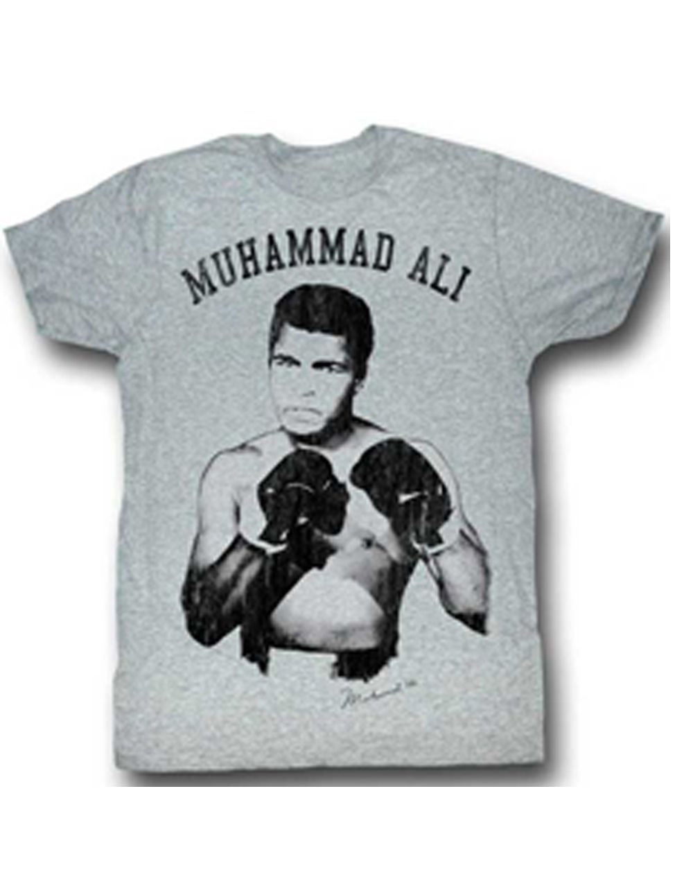 Muhammad Ali said graphic on a heathered grey adult t-shirt.