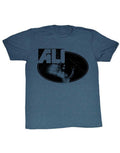 Muhammad Ali lights graphic on a blue adult t-shirt.