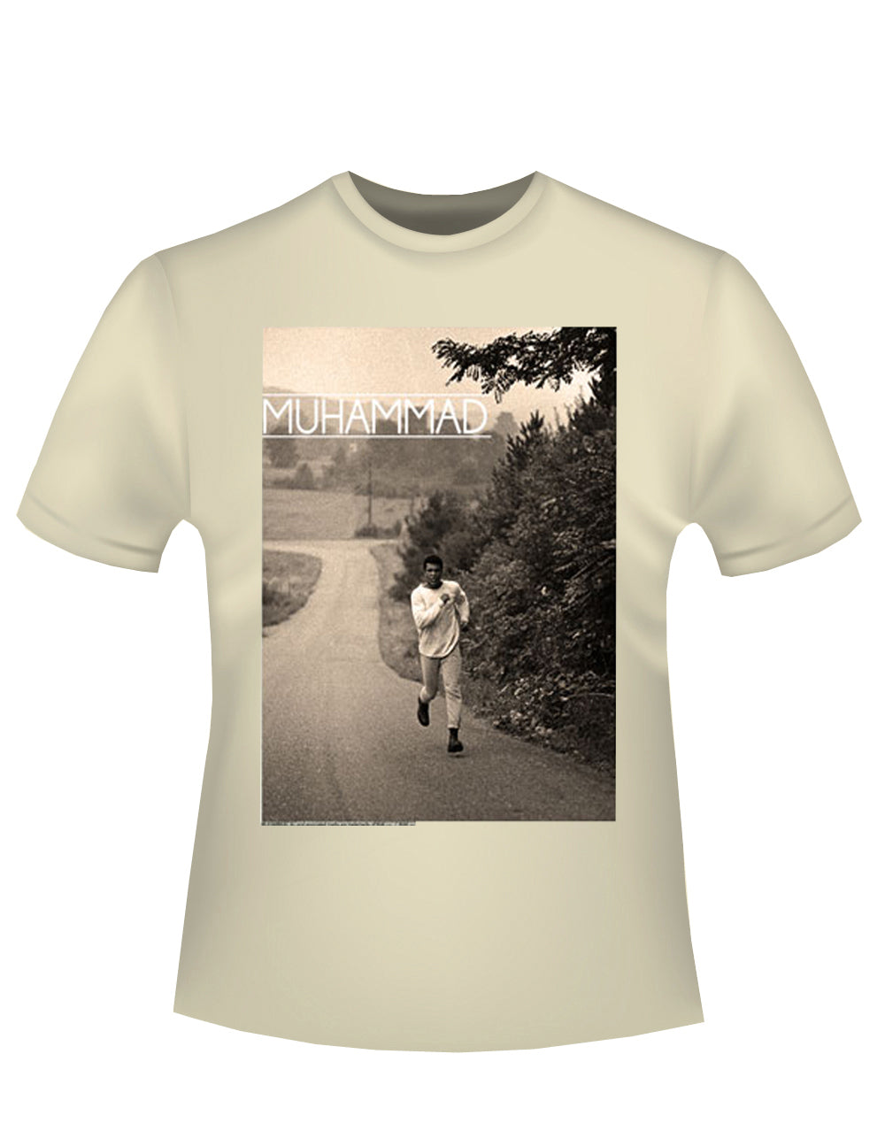Muhammad Ali training graphic on a french vanilla adult t-shirt.