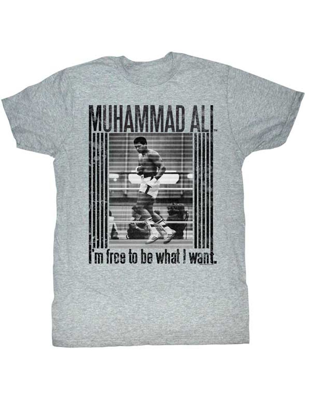 Muhammad Ali free to be graphic on a grey adult t-shirt.