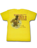 Muhammad Ali sting graphic on a yellow adult t-shirt.