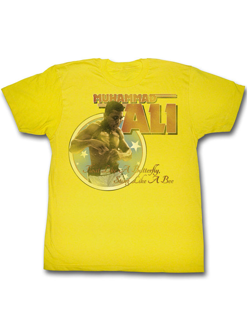 Muhammad Ali sting graphic on a yellow adult t-shirt.