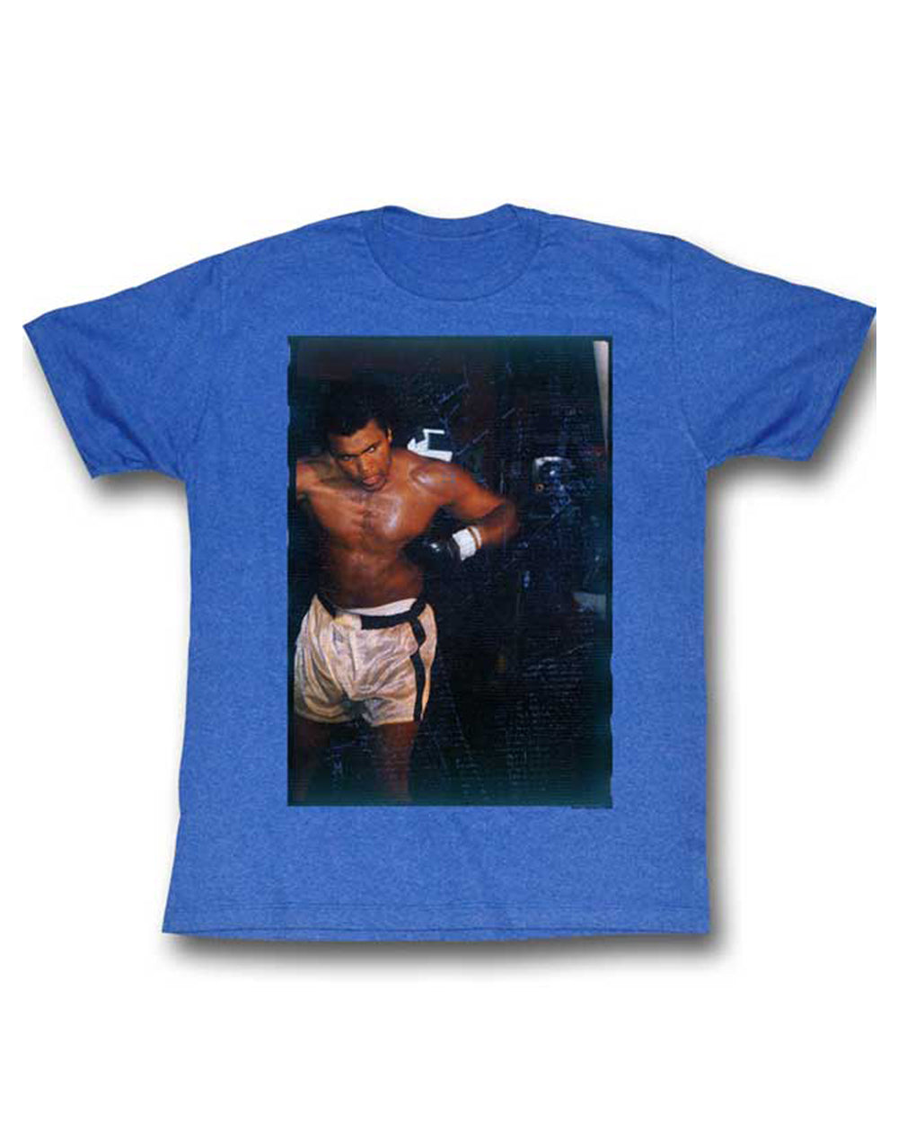 Muhammad Ali work heathered graphic on a heathered blue adult t-shirt.