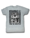 Muhammad Ali great heathered graphic on a heathered grey adult t-shirt.