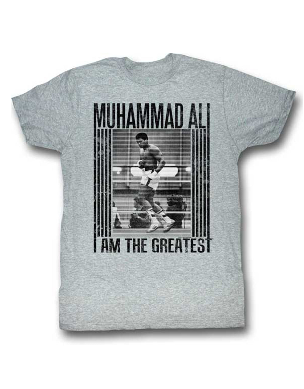 Muhammad Ali great heathered graphic on a heathered grey adult t-shirt.