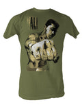 Muhammad Ali in your face graphic on a olive green adult t-shirt.