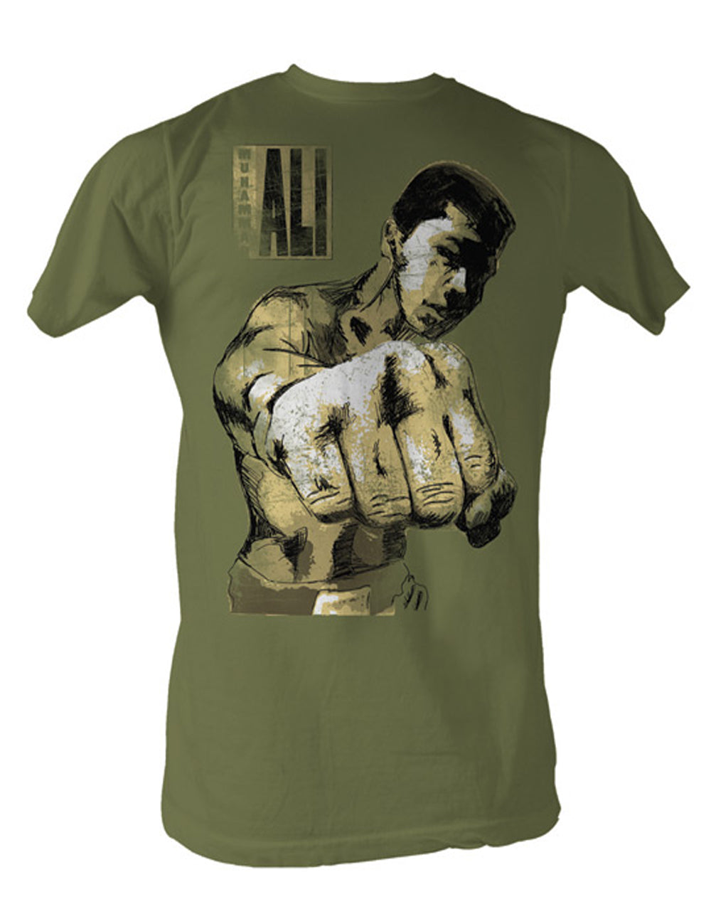 Muhammad Ali in your face graphic on a olive green adult t-shirt.
