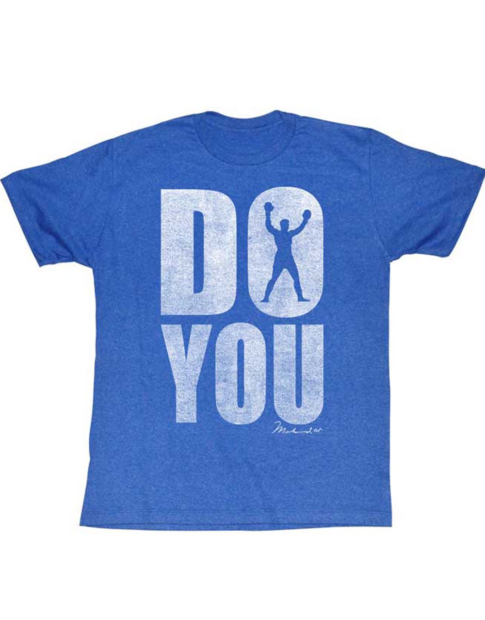 Muhammad Ali do you graphic on a blue adult t-shirt.