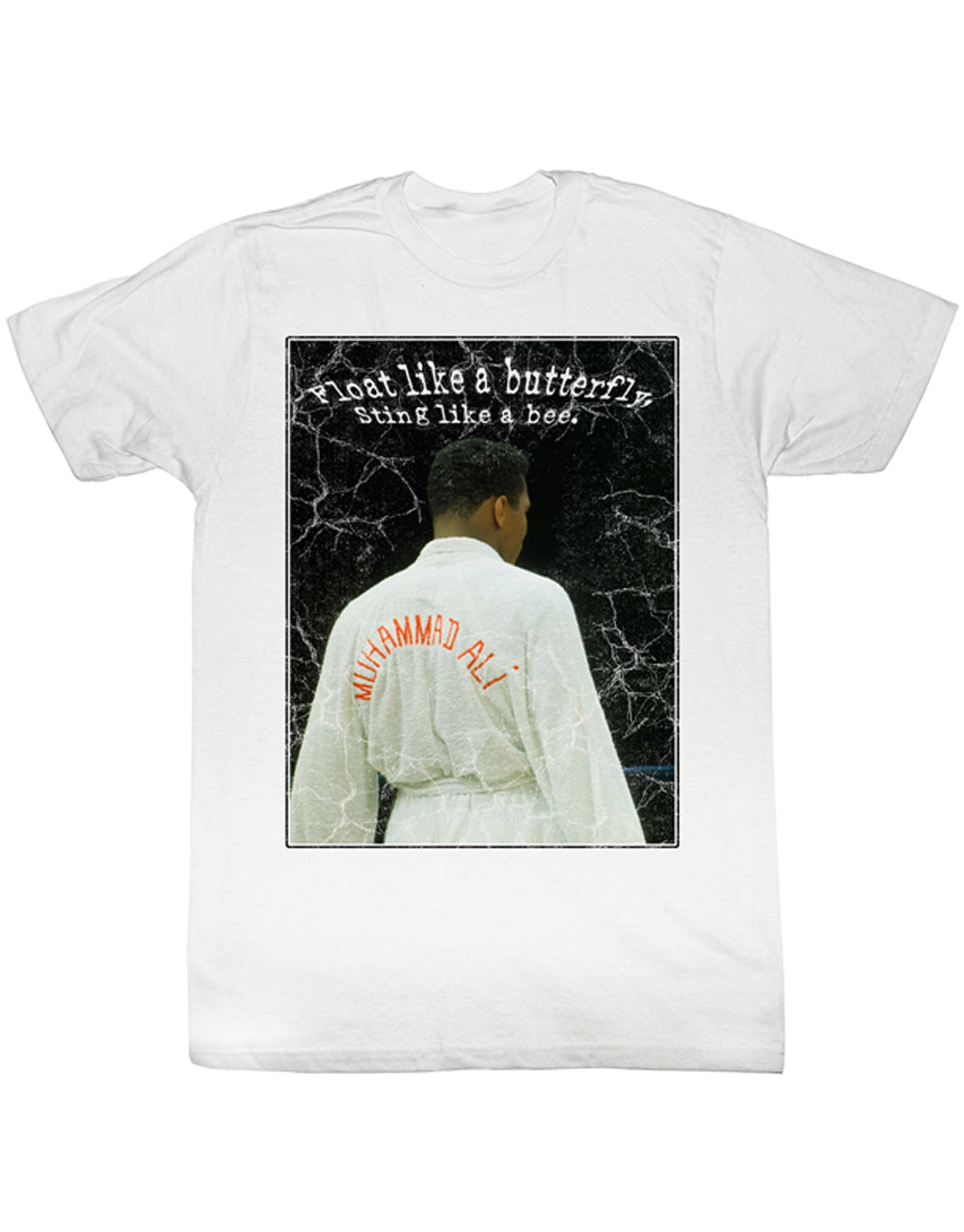 Muhammad Ali float champ graphic on a white adult t-shirt.