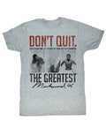 Muhammad Ali suffer now graphic on a heathered grey adult t-shirt.