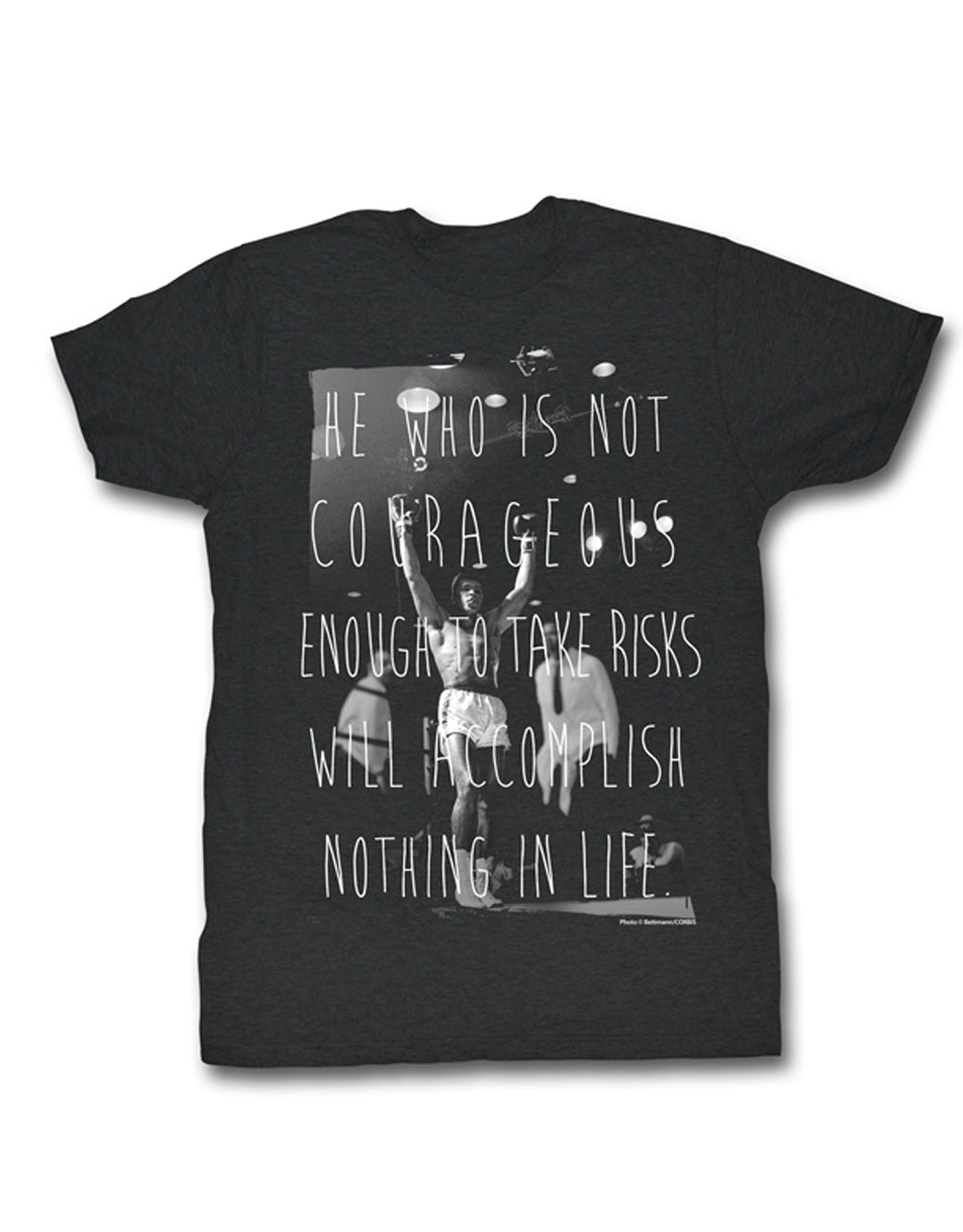Muhammad Ali life heathered graphic on a charcoal grey adult t-shirt.