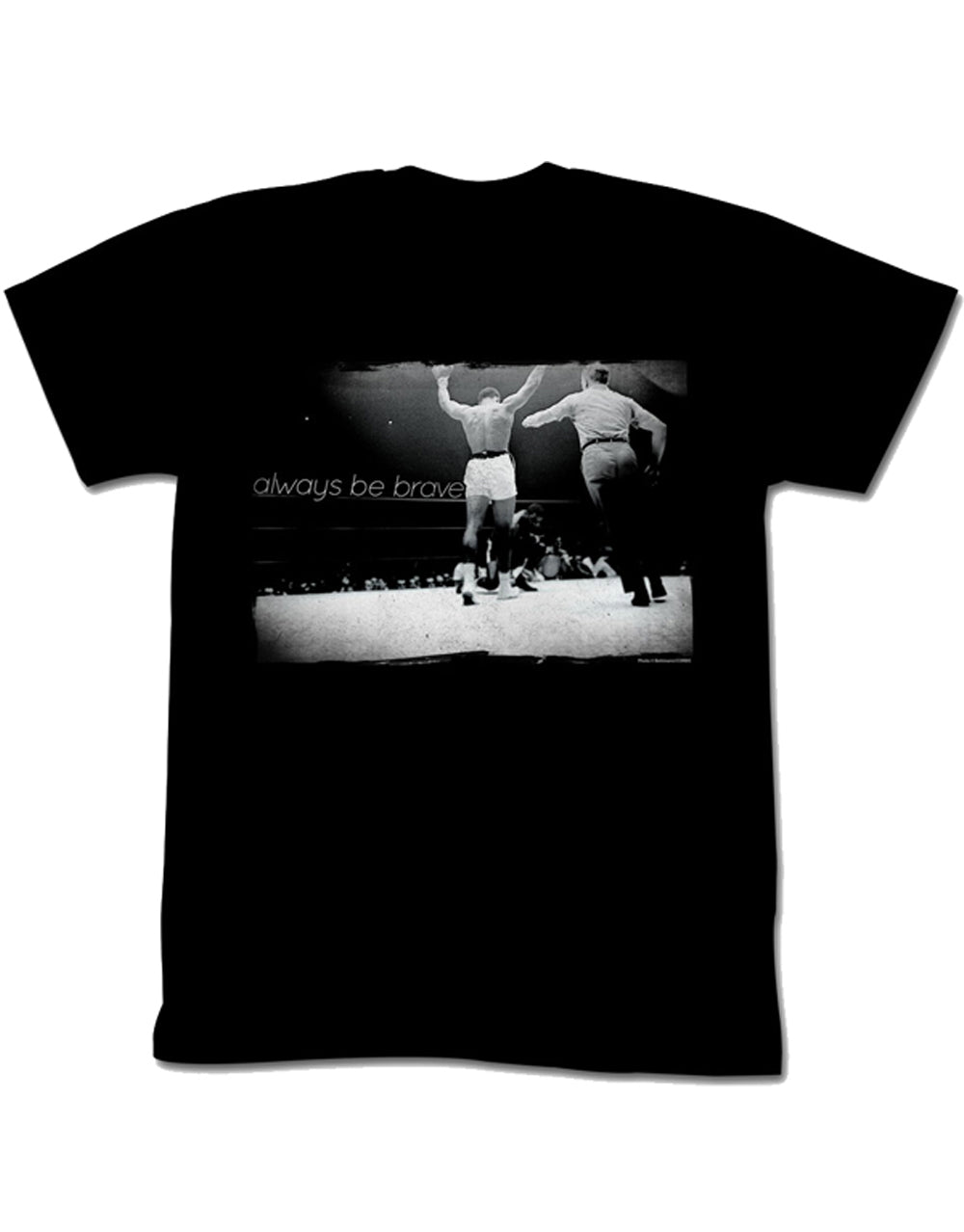 Muhammad Ali brave graphic on a black adult t-shirt.