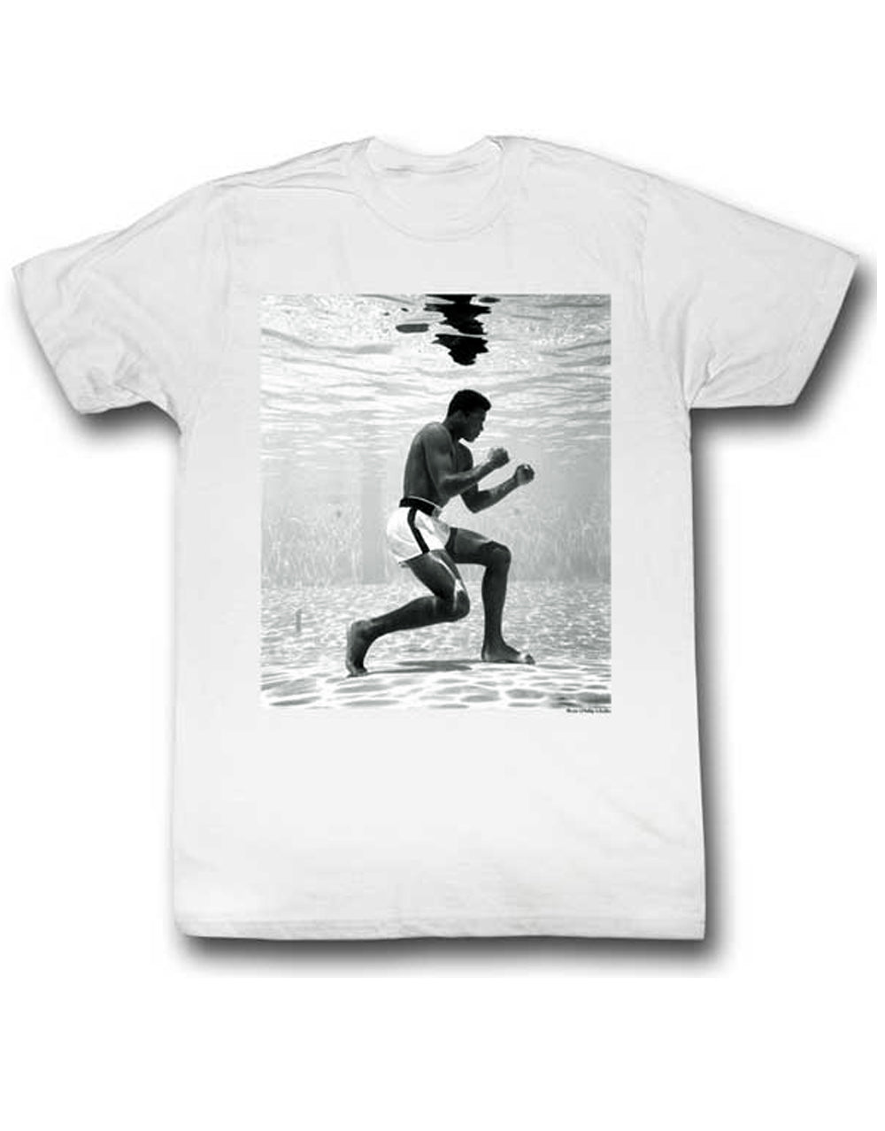 Muhammad Ali underwater hitter graphic on a white adult t-shirt.