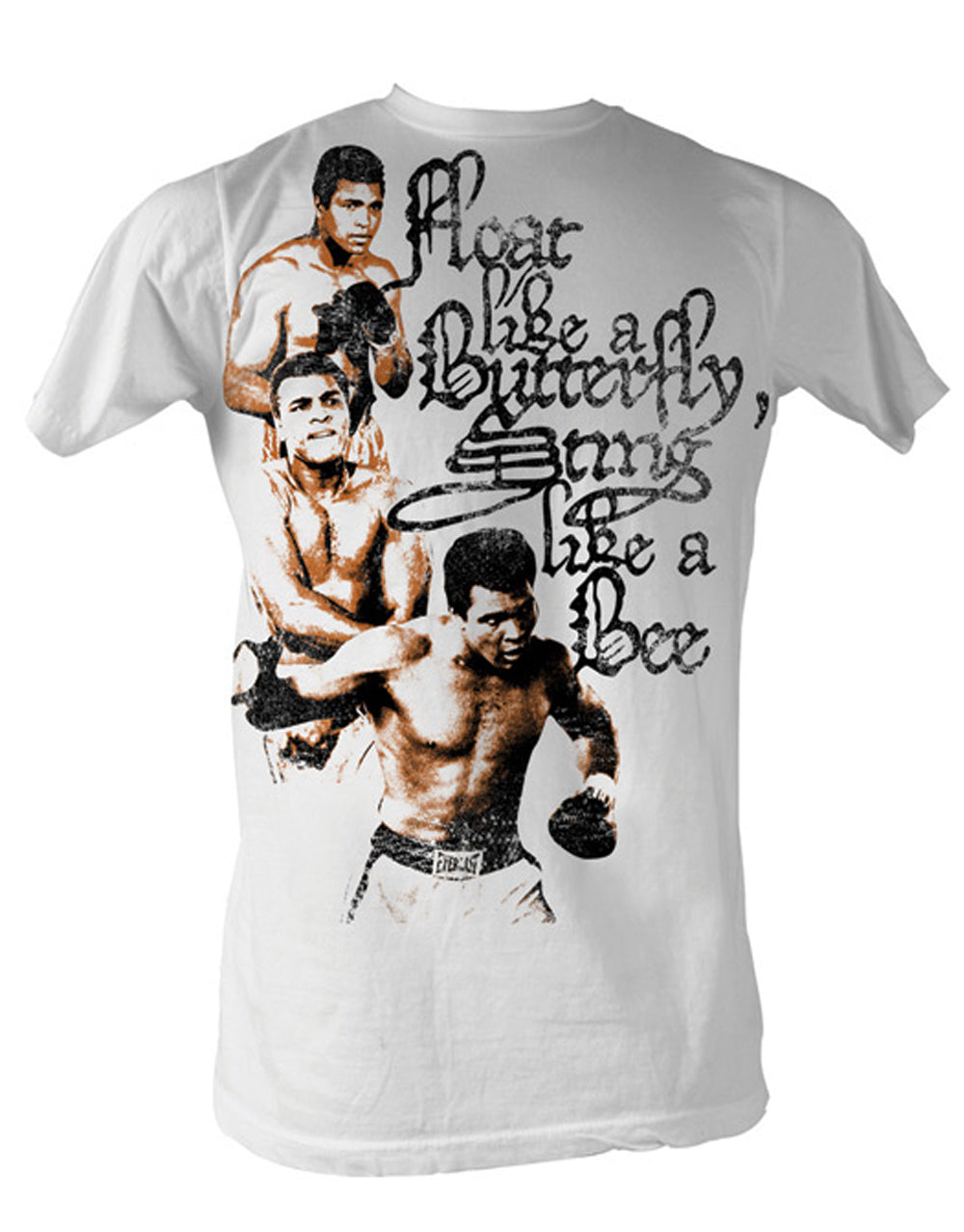 Muhammad Ali three pose graphic on a white adult t-shirt.